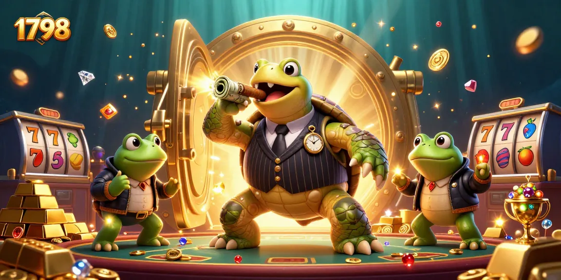 Experience the fun at 1798 with a dynamic casino scene featuring cartoon characters and slot reels