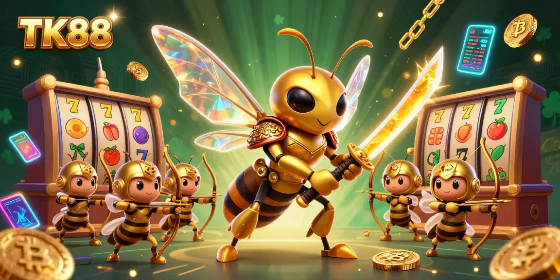 Experience thrilling gaming with TK88's vibrant casino scene featuring a golden hornet samurai and dynamic slot elements.
