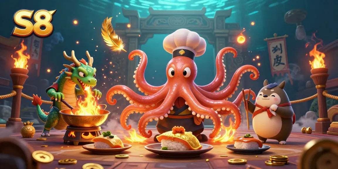 Engage in thrilling gameplay at S8, featuring a dynamic scene with a sushi chef octopus and dragon.
