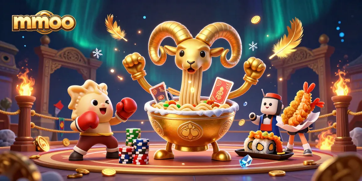 Experience mmoo's thrilling gameplay with a vibrant, dynamic casino scene illustrated in 3D style.